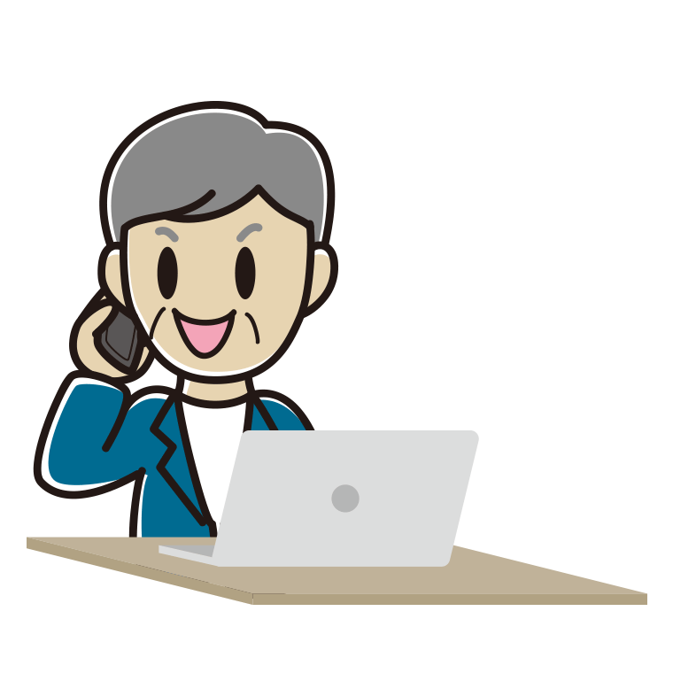 スマホで電話しながらパソコンを使う年配男性会社員（カジュアル）のイラスト【色あり、背景なし】透過PNG