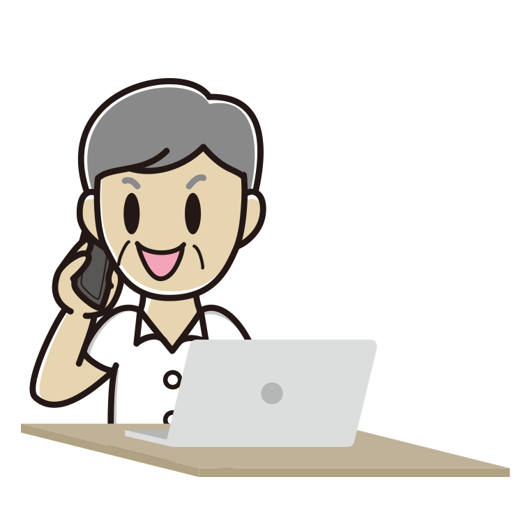 スマホで電話しながらパソコンを使う年配男性会社員（クールビズ）のイラスト【色あり、背景なし】透過PNG