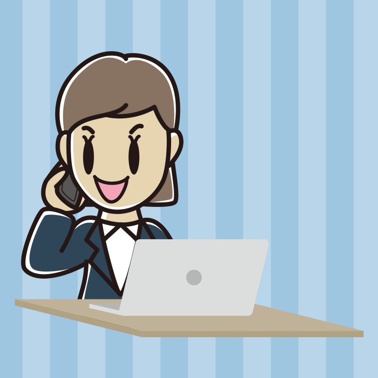 スマホで電話しながらパソコンを使う女性会社員のイラスト【色、背景あり】PNG