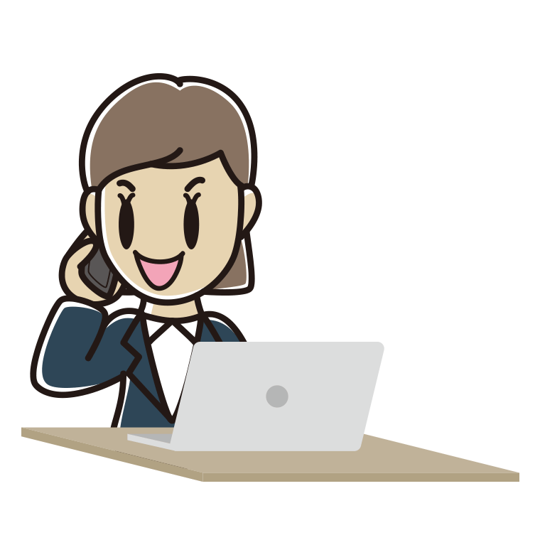 スマホで電話しながらパソコンを使う女性会社員のイラスト【色あり、背景なし】透過PNG