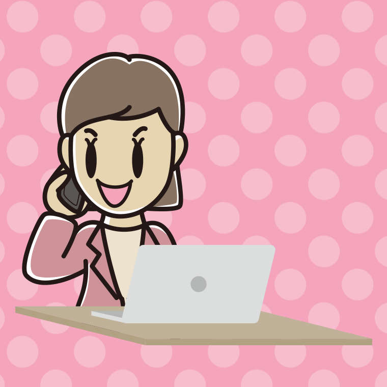 スマホで電話しながらパソコンを使う女性会社員（カジュアル）のイラスト【色、背景あり】PNG