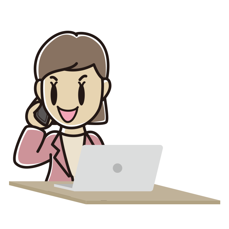スマホで電話しながらパソコンを使う女性会社員（カジュアル）のイラスト【色あり、背景なし】透過PNG