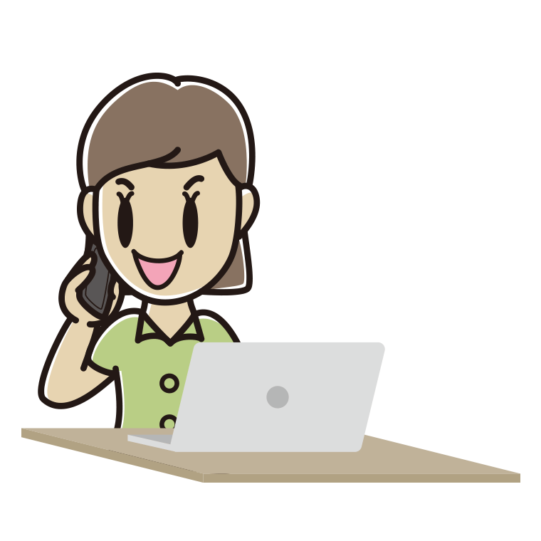 スマホで電話しながらパソコンを使う女性会社員（クールビズ）のイラスト【色あり、背景なし】透過PNG