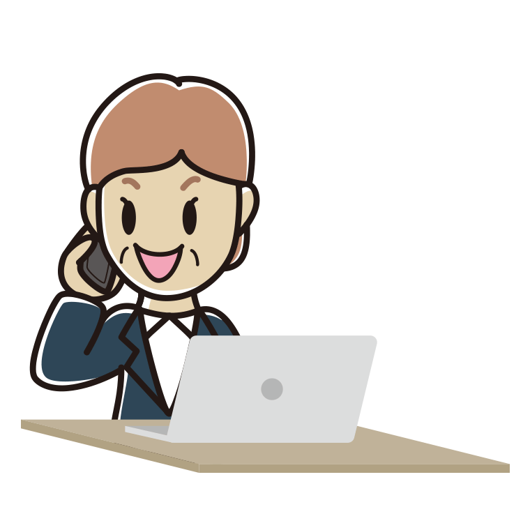 スマホで電話しながらパソコンを使う年配女性会社員のイラスト【色あり、背景なし】透過PNG