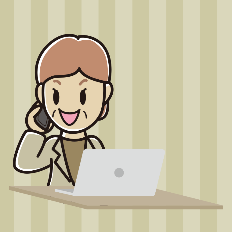 スマホで電話しながらパソコンを使う年配女性会社員（カジュアル）のイラスト【色、背景あり】PNG
