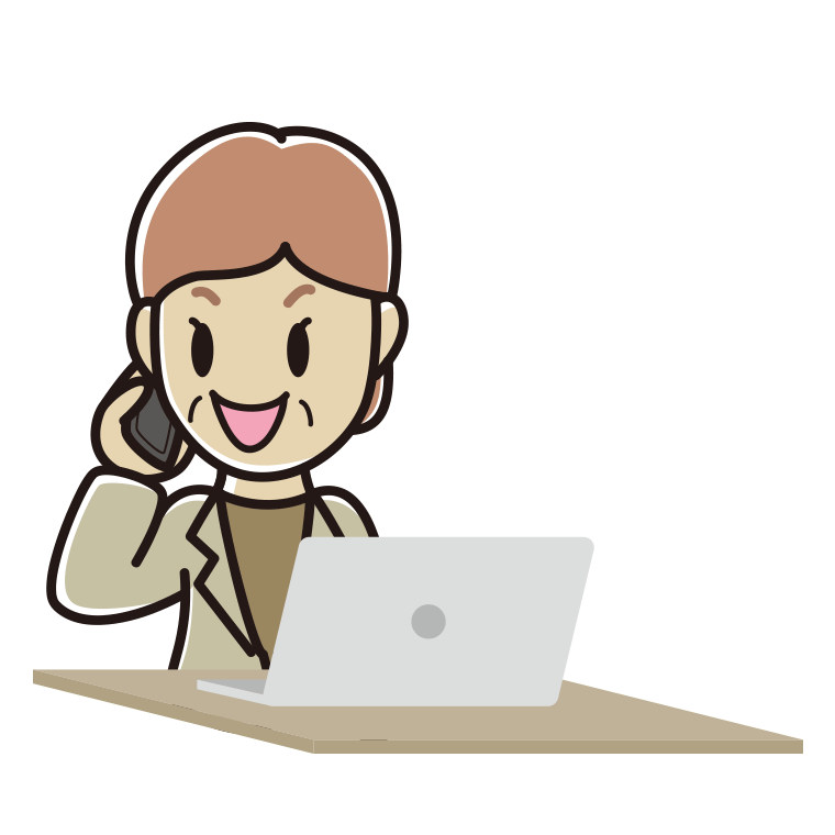 スマホで電話しながらパソコンを使う年配女性会社員（カジュアル）のイラスト【色あり、背景なし】透過PNG
