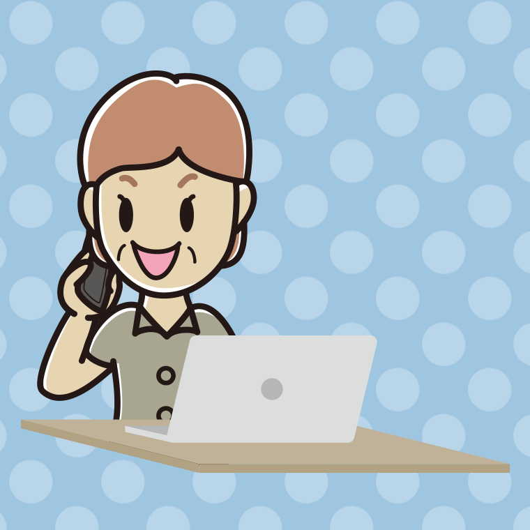 スマホで電話しながらパソコンを使う年配女性会社員（クールビズ）のイラスト【色、背景あり】PNG