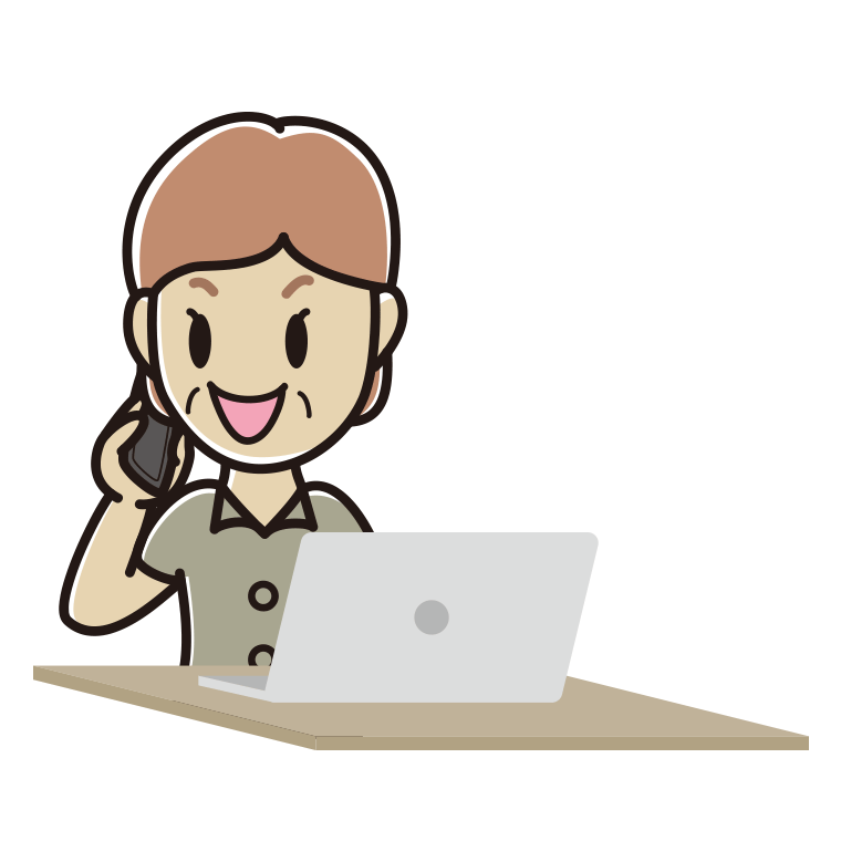 スマホで電話しながらパソコンを使う年配女性会社員（クールビズ）のイラスト【色あり、背景なし】透過PNG