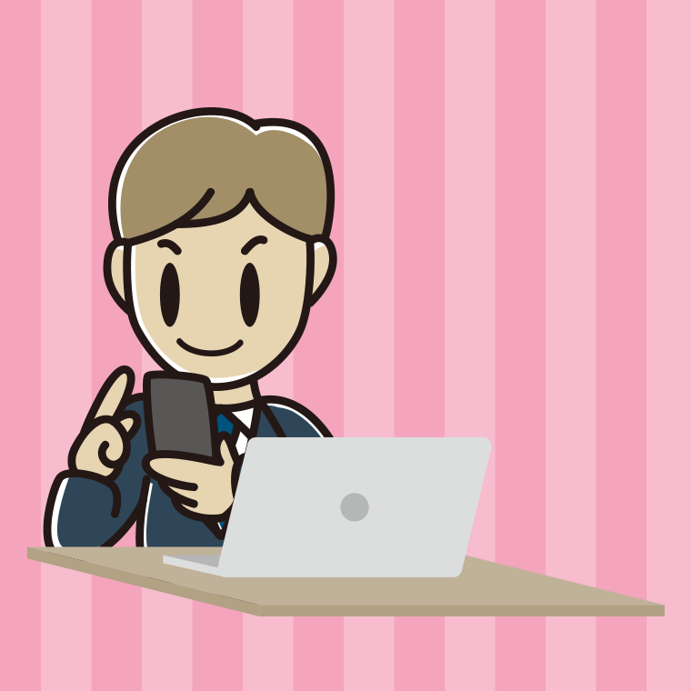 スマホとパソコンを使う男性会社員のイラスト【色、背景あり】PNG