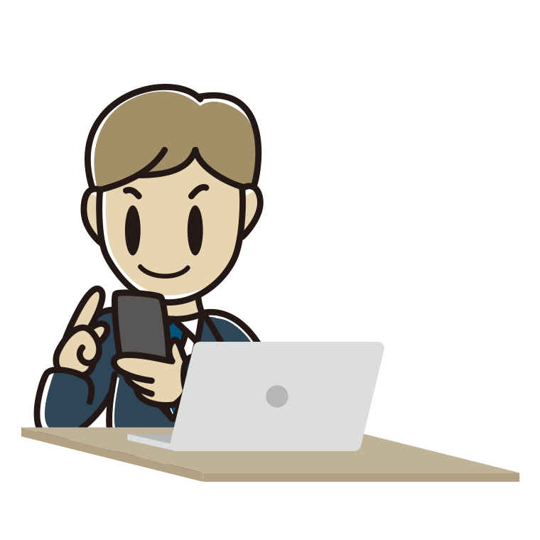 スマホとパソコンを使う男性会社員のイラスト【色あり、背景なし】透過PNG