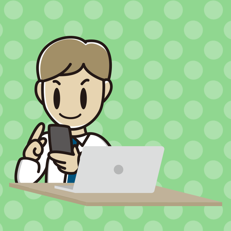 スマホとパソコンを使う男性会社員（ワイシャツ）のイラスト【色、背景あり】PNG