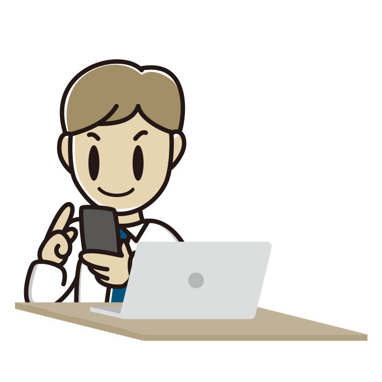 スマホとパソコンを使う男性会社員（ワイシャツ）のイラスト【色あり、背景なし】透過PNG