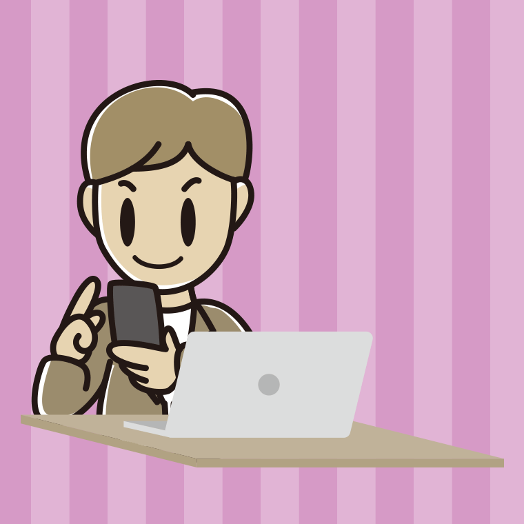 スマホとパソコンを使う男性会社員（カジュアル）のイラスト【色、背景あり】PNG