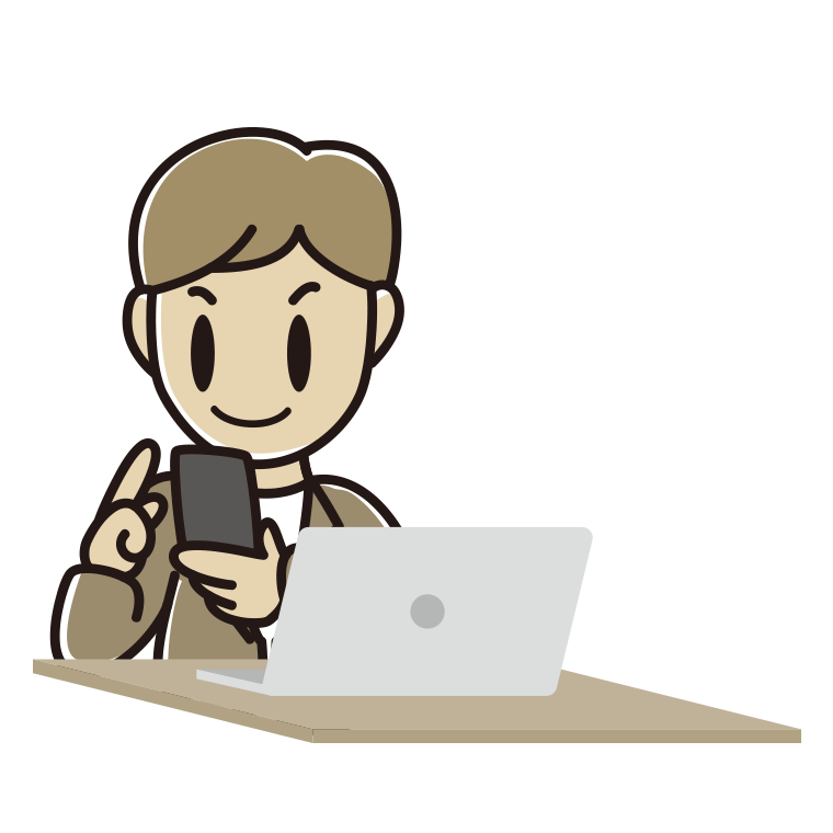 スマホとパソコンを使う男性会社員（カジュアル）のイラスト【色あり、背景なし】透過PNG