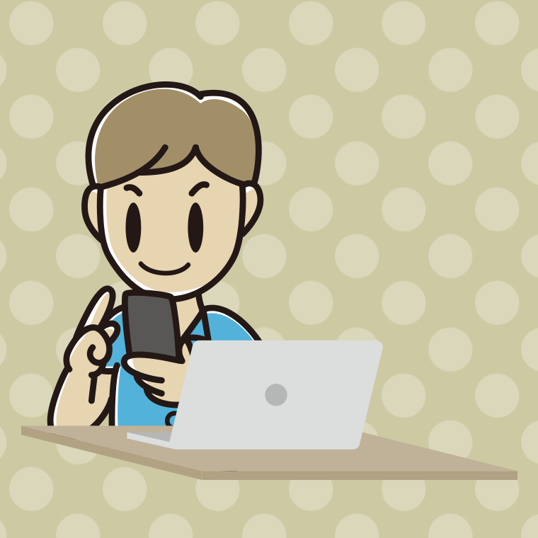 スマホとパソコンを使う男性会社員（クールビズ）のイラスト【色、背景あり】PNG