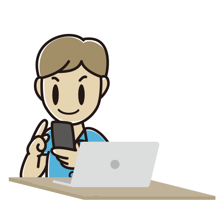 スマホとパソコンを使う男性会社員（クールビズ）のイラスト【色あり、背景なし】透過PNG