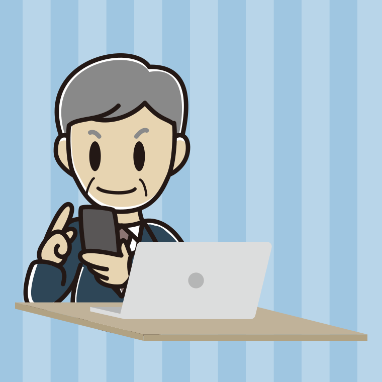 スマホとパソコンを使う年配男性会社員のイラスト【色、背景あり】PNG