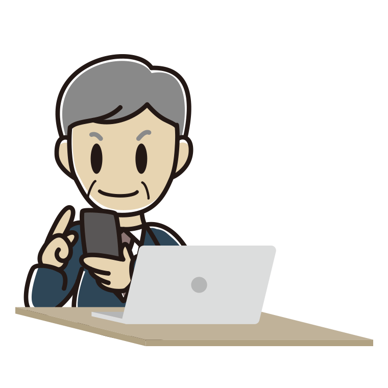 スマホとパソコンを使う年配男性会社員のイラスト【色あり、背景なし】透過PNG