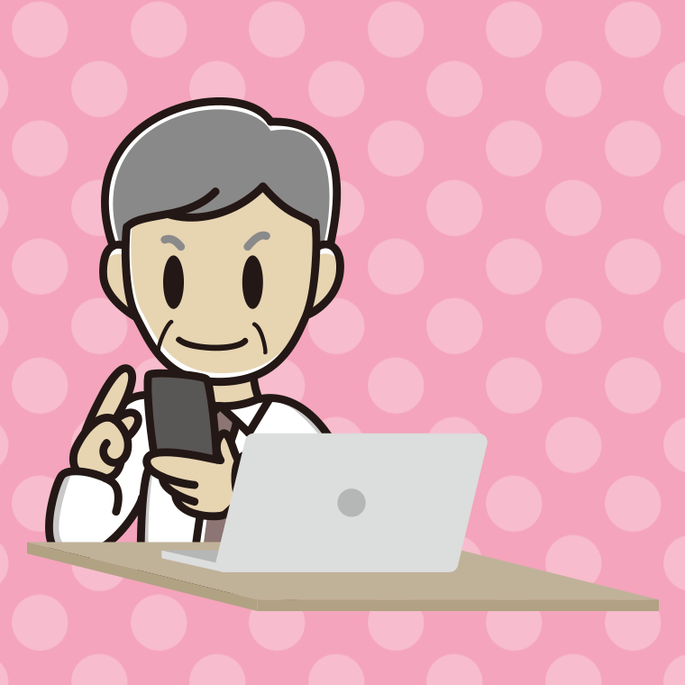 スマホとパソコンを使う年配男性会社員（ワイシャツ）のイラスト【色、背景あり】PNG