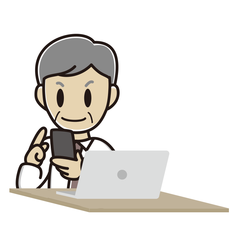 スマホとパソコンを使う年配男性会社員（ワイシャツ）のイラスト【色あり、背景なし】透過PNG