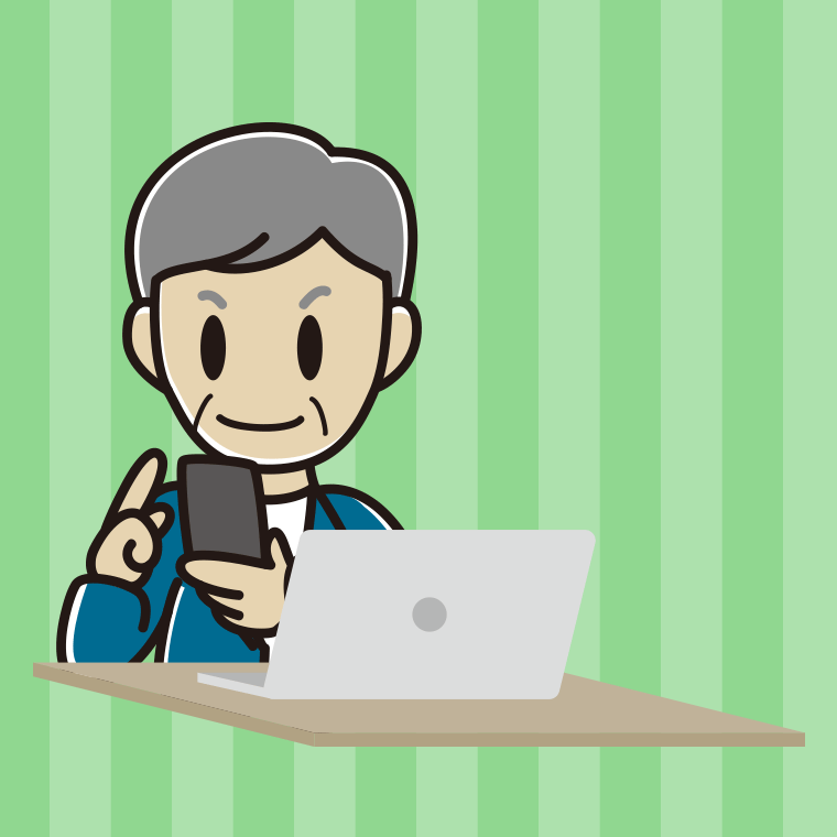 スマホとパソコンを使う年配男性会社員（カジュアル）のイラスト【色、背景あり】PNG