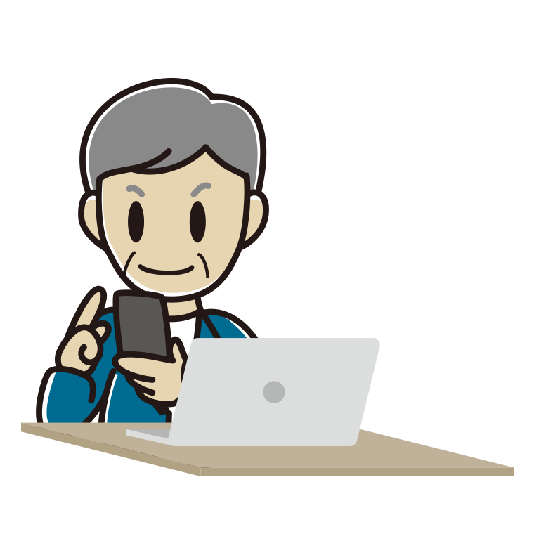 スマホとパソコンを使う年配男性会社員（カジュアル）のイラスト【色あり、背景なし】透過PNG