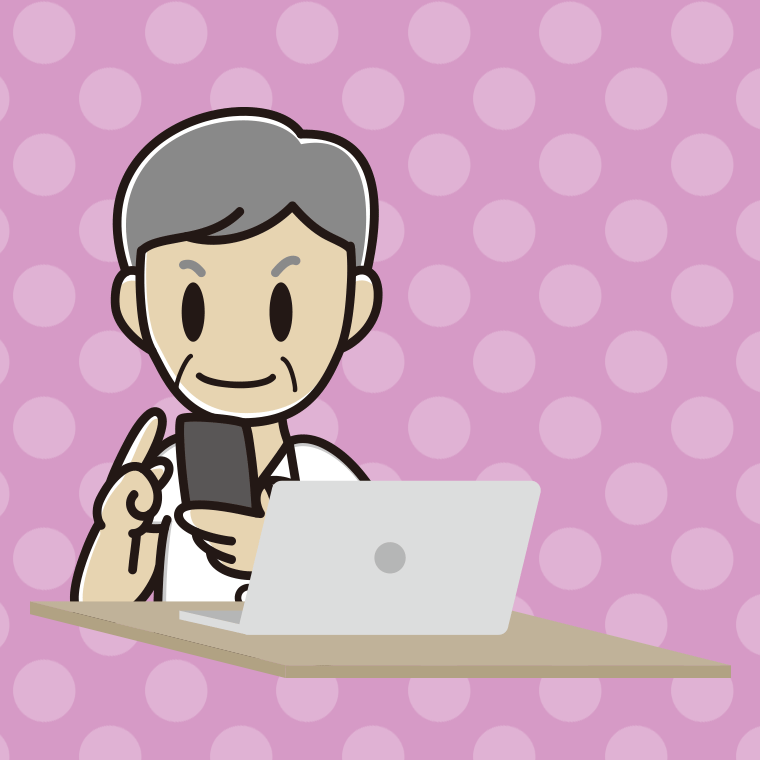 スマホとパソコンを使う年配男性会社員（クールビズ）のイラスト【色、背景あり】PNG