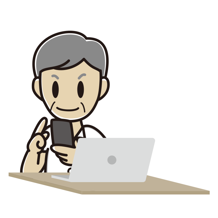 スマホとパソコンを使う年配男性会社員（クールビズ）のイラスト【色あり、背景なし】透過PNG
