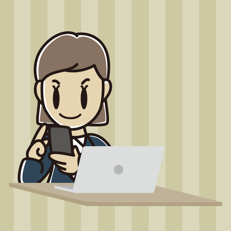 スマホとパソコンを使う女性会社員のイラスト【色、背景あり】PNG