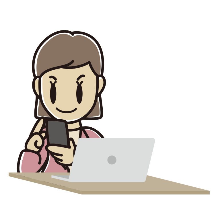 スマホとパソコンを使う女性会社員（カジュアル）のイラスト【色あり、背景なし】透過PNG