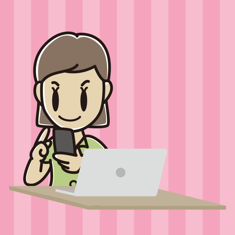 スマホとパソコンを使う女性会社員（クールビズ）のイラスト【色、背景あり】PNG