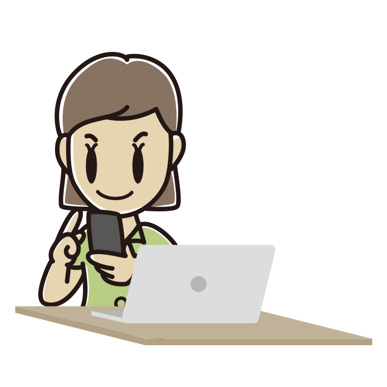 スマホとパソコンを使う女性会社員（クールビズ）のイラスト【色あり、背景なし】透過PNG