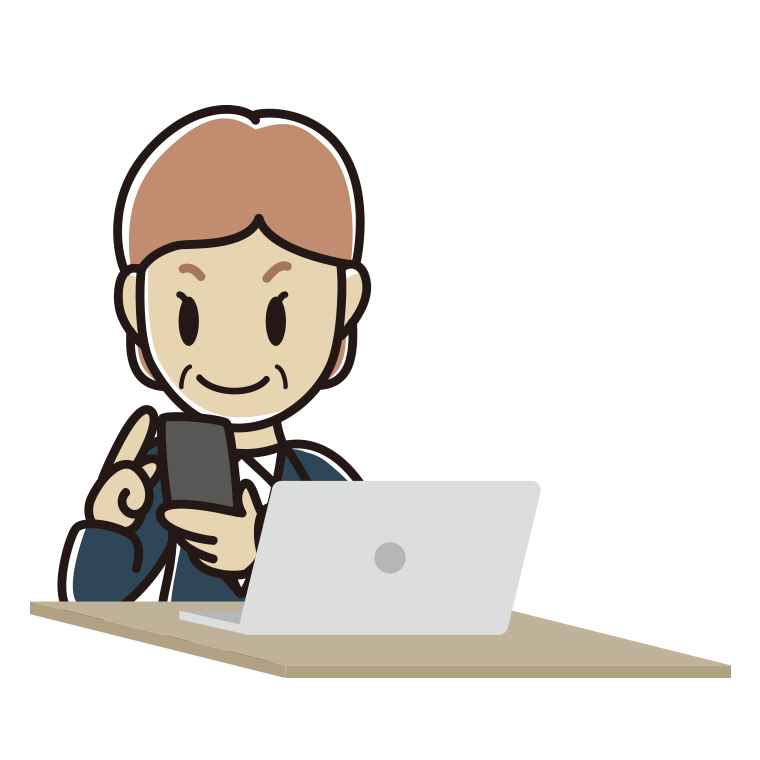 スマホとパソコンを使う年配女性会社員のイラスト【色あり、背景なし】透過PNG