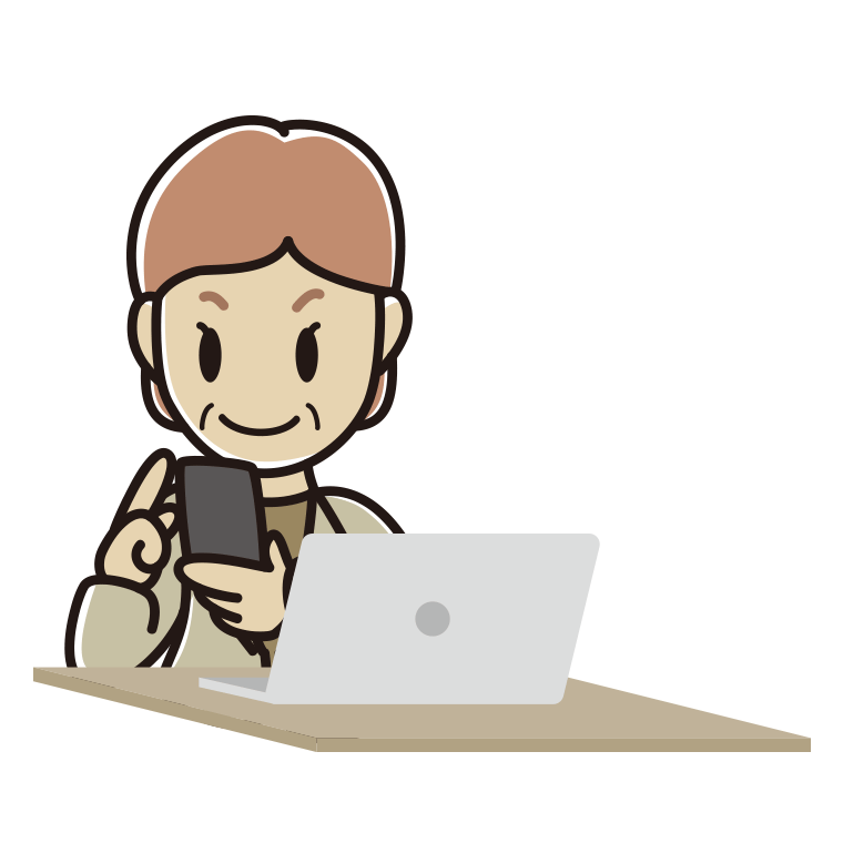 スマホとパソコンを使う年配女性会社員（カジュアル）のイラスト【色あり、背景なし】透過PNG