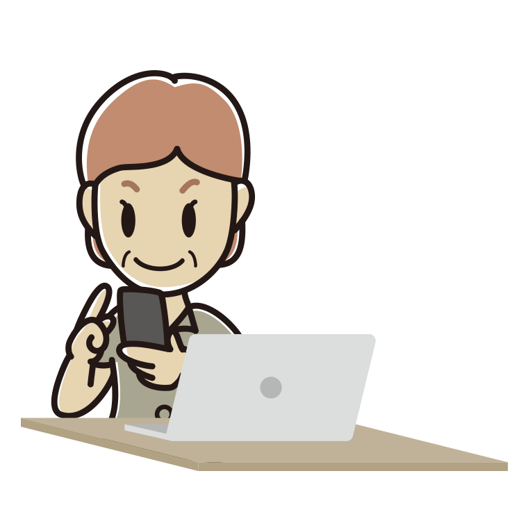 スマホとパソコンを使う年配女性会社員（クールビズ）のイラスト【色あり、背景なし】透過PNG