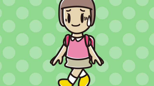 通学中に苦笑いする新小学一年生女子のイラスト【色、背景あり】PNG