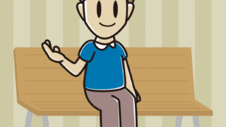 ベンチで案内する男性のイラスト【色、背景あり】PNG