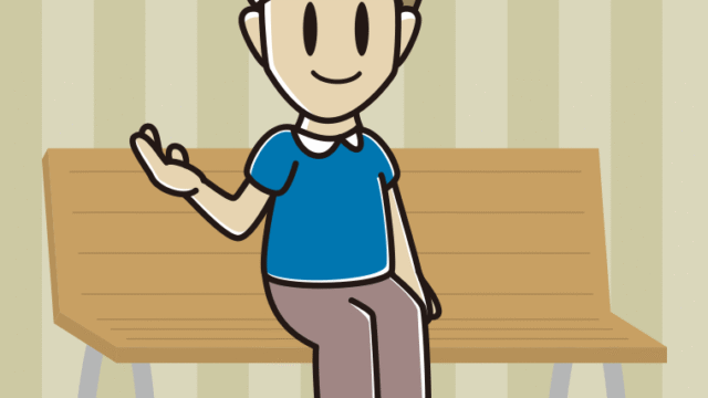 ベンチで案内する男性のイラスト【色、背景あり】PNG