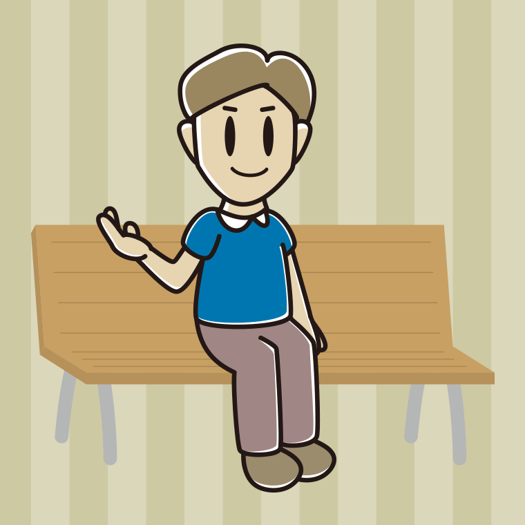 ベンチで案内する男性のイラスト【色、背景あり】PNG