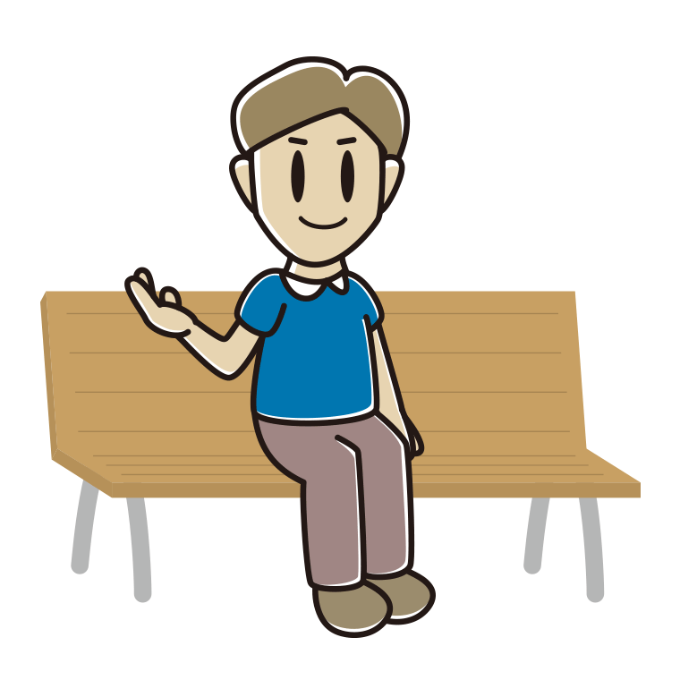 ベンチで案内する男性のイラスト【色あり、背景なし】透過PNG