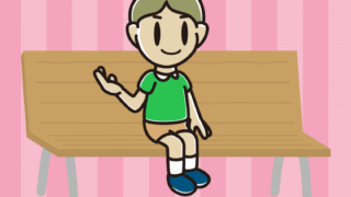 ベンチで案内する小学生男子のイラスト【色、背景あり】PNG