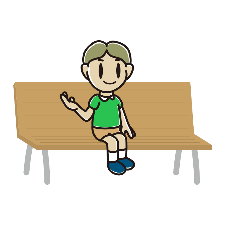 ベンチで案内する小学生男子のイラスト【色あり、背景なし】透過PNG