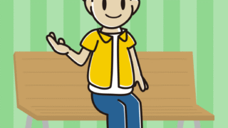 ベンチで案内する男子大学生のイラスト【色、背景あり】PNG