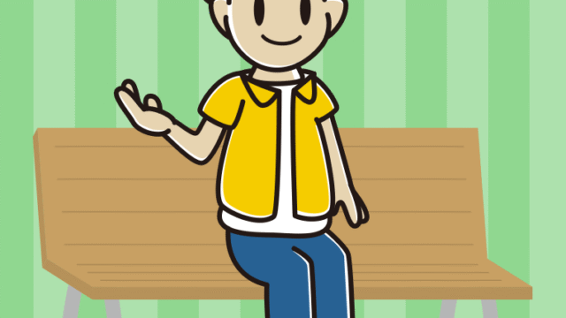 ベンチで案内する男子大学生のイラスト【色、背景あり】PNG