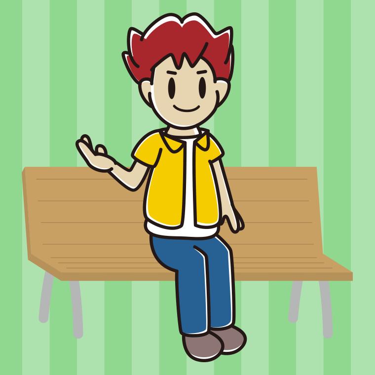 ベンチで案内する男子大学生のイラスト【色、背景あり】PNG