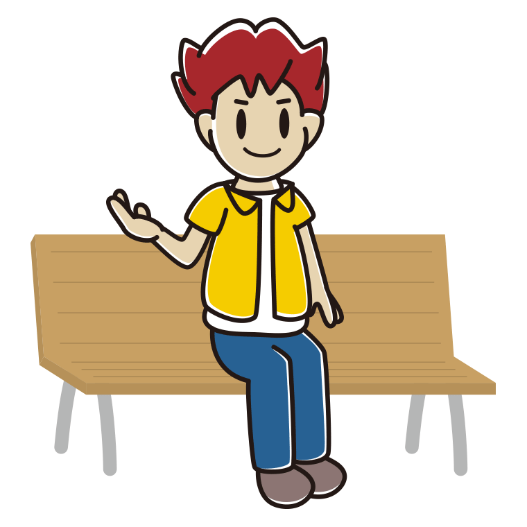 ベンチで案内する男子大学生のイラスト【色あり、背景なし】透過PNG