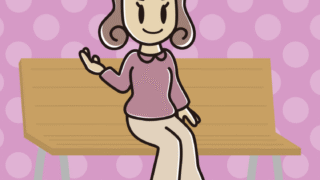 ベンチで案内する女子大学生のイラスト【色、背景あり】PNG