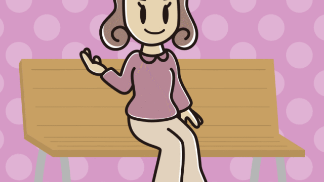 ベンチで案内する女子大学生のイラスト【色、背景あり】PNG