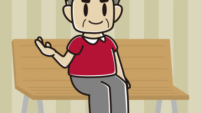 ベンチで案内するおじさんのイラスト【色、背景あり】PNG