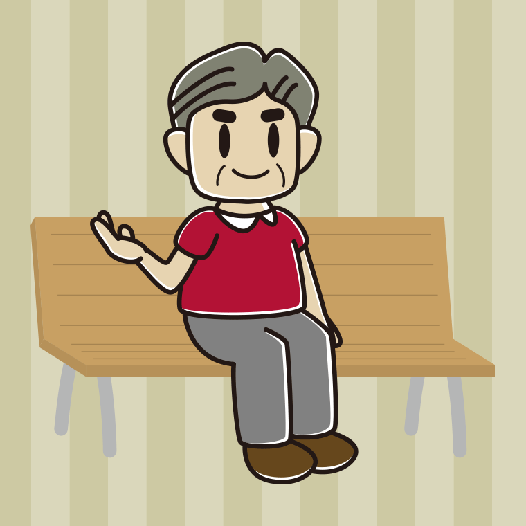 ベンチで案内するおじさんのイラスト【色、背景あり】PNG